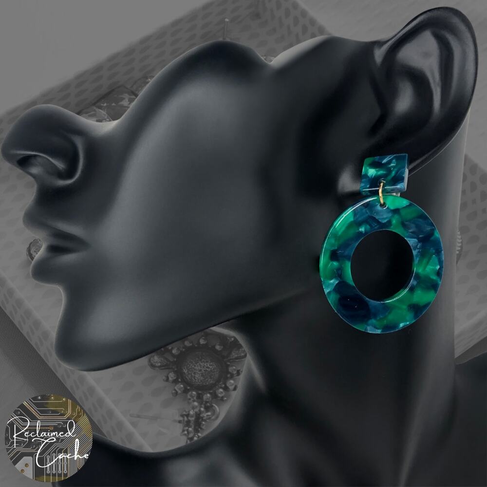 Blue Green Tortoise Shell Oval Hoop Drop Earrings